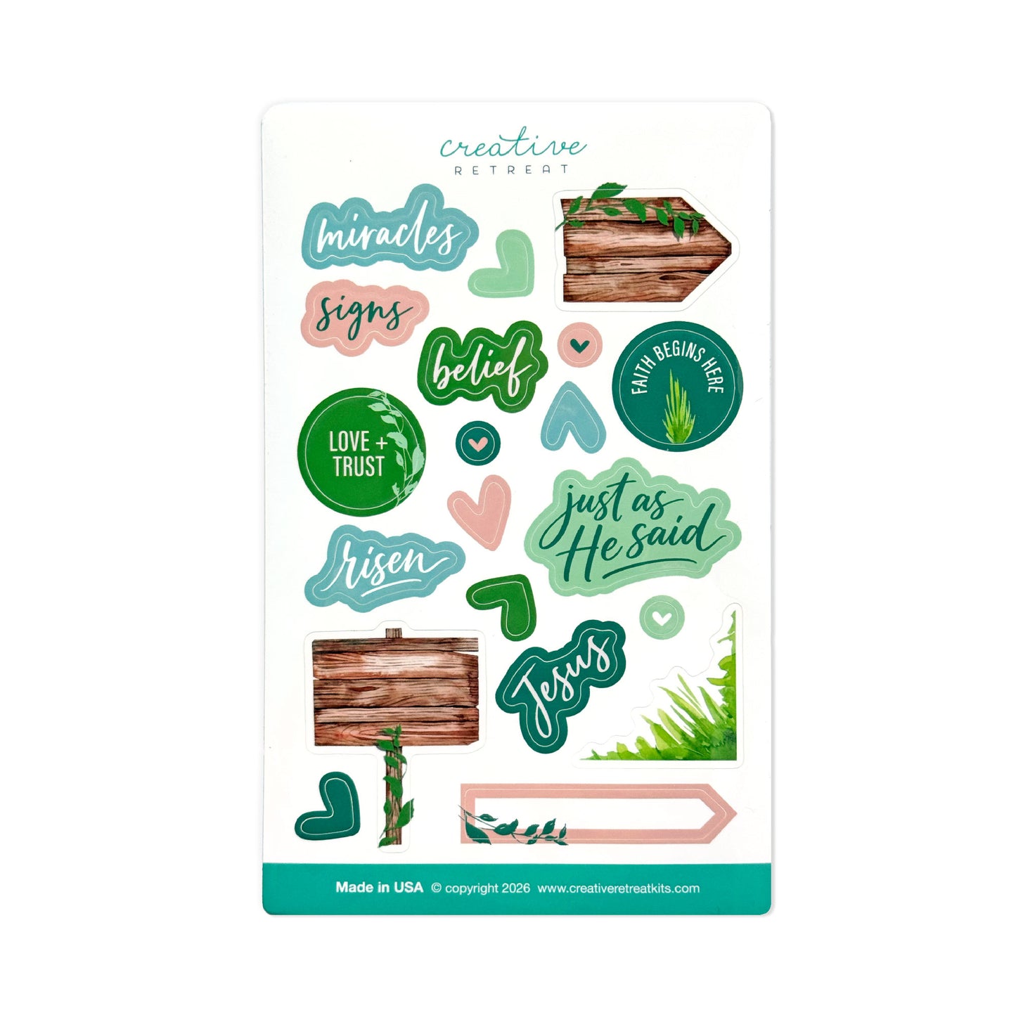 Christian decorative stickers with phrases about Easter and Spring featuring teal, green, blush, and wood designs.