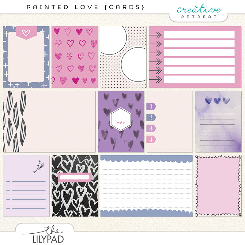 Preview image of a set of digital scrapbooking pocket cards featuring hand-painted hearts, watercolor textures, lined and list-style journaling spaces, playful patterns, and soft pink, purple, and neutral color palettes.
