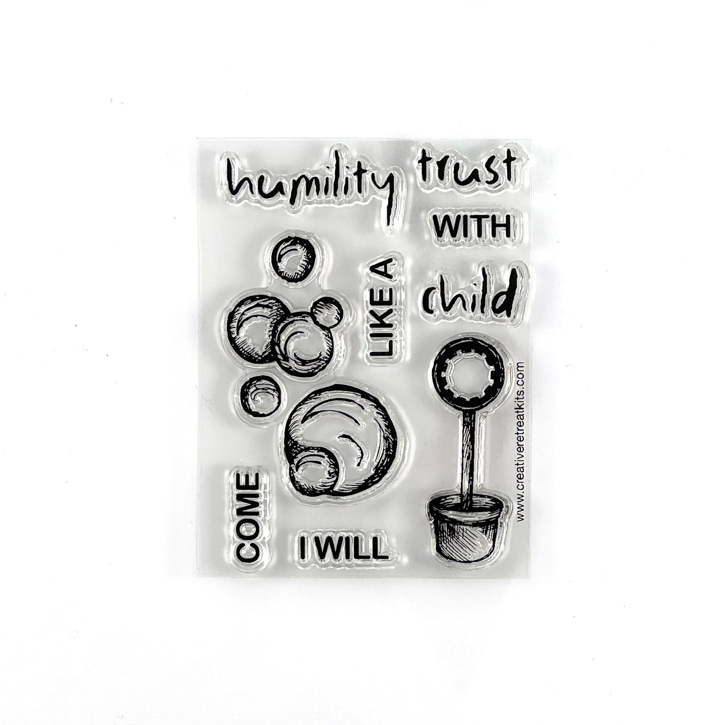 Clear stamp set with motivational phrases and illustrations about childlike faith and trust for Bible journaling