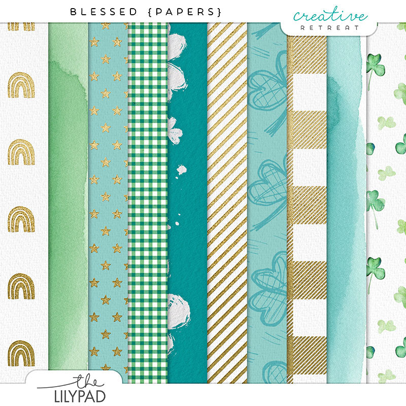 Collection of patterned digital scrapbooking papers with green, gold, and white designs on a white background.