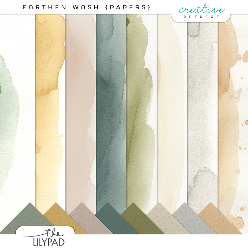 Preview image of earthen watercolor digital papers featuring soft organic washes in sage green, clay, sand, stone, and muted gold tones.