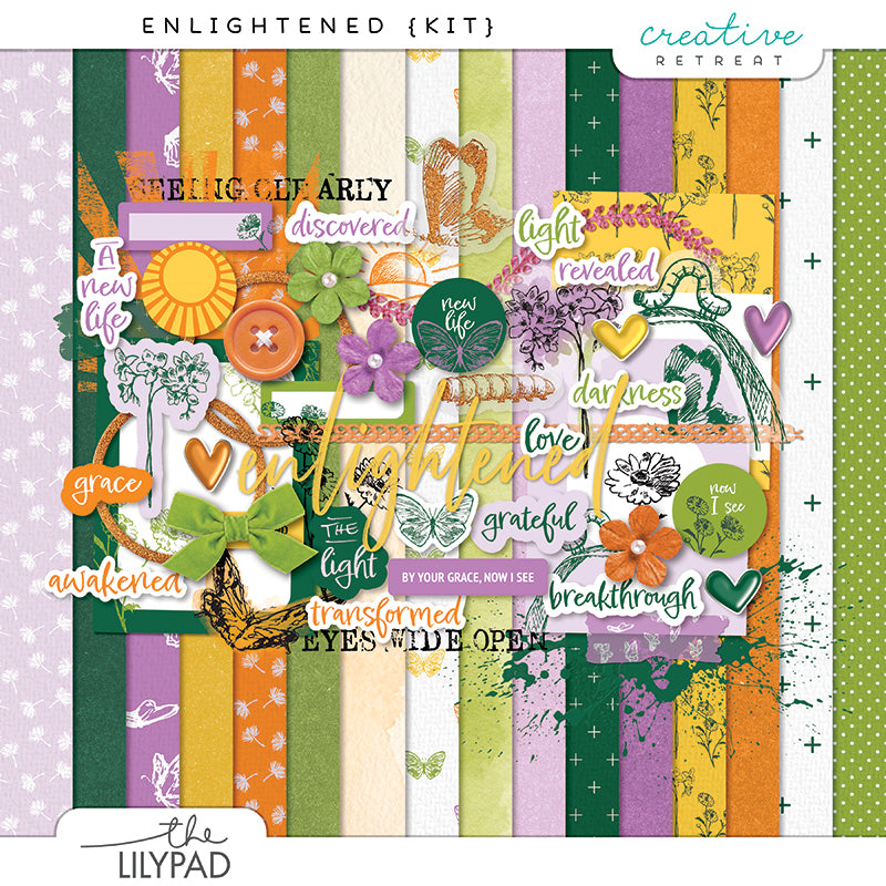 Colorful faith-inspired digital scrapbooking kit featuring mixed media papers, floral embellishments, butterflies, hearts, paint textures, and uplifting word art in yellow, green, orange, and lavender tones.