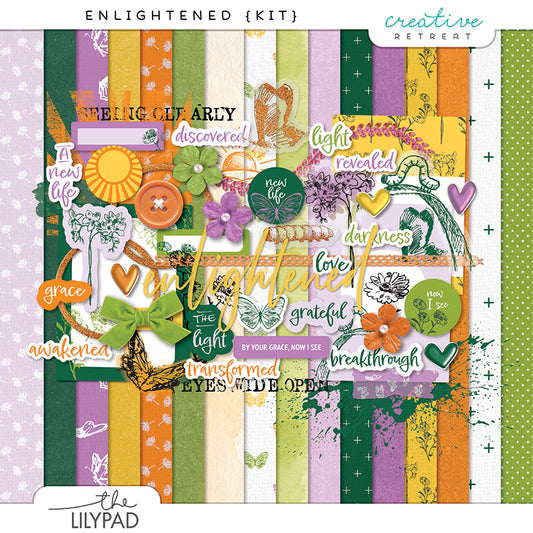 Colorful faith-inspired digital scrapbooking kit featuring mixed media papers, floral embellishments, butterflies, hearts, paint textures, and uplifting word art in yellow, green, orange, and lavender tones.