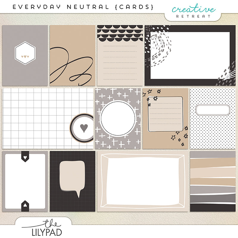 Everyday neutral digital pocket journaling cards in cream, tan, gray, and black featuring grids, frames, labels, and simple modern patterns for scrapbooking and Project Life.