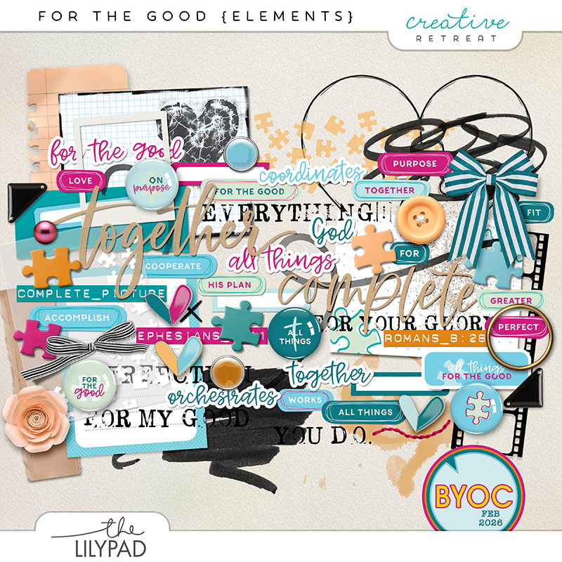 Digital scrapbooking kit Collage of decorative puzzle theme elements with text and graphics