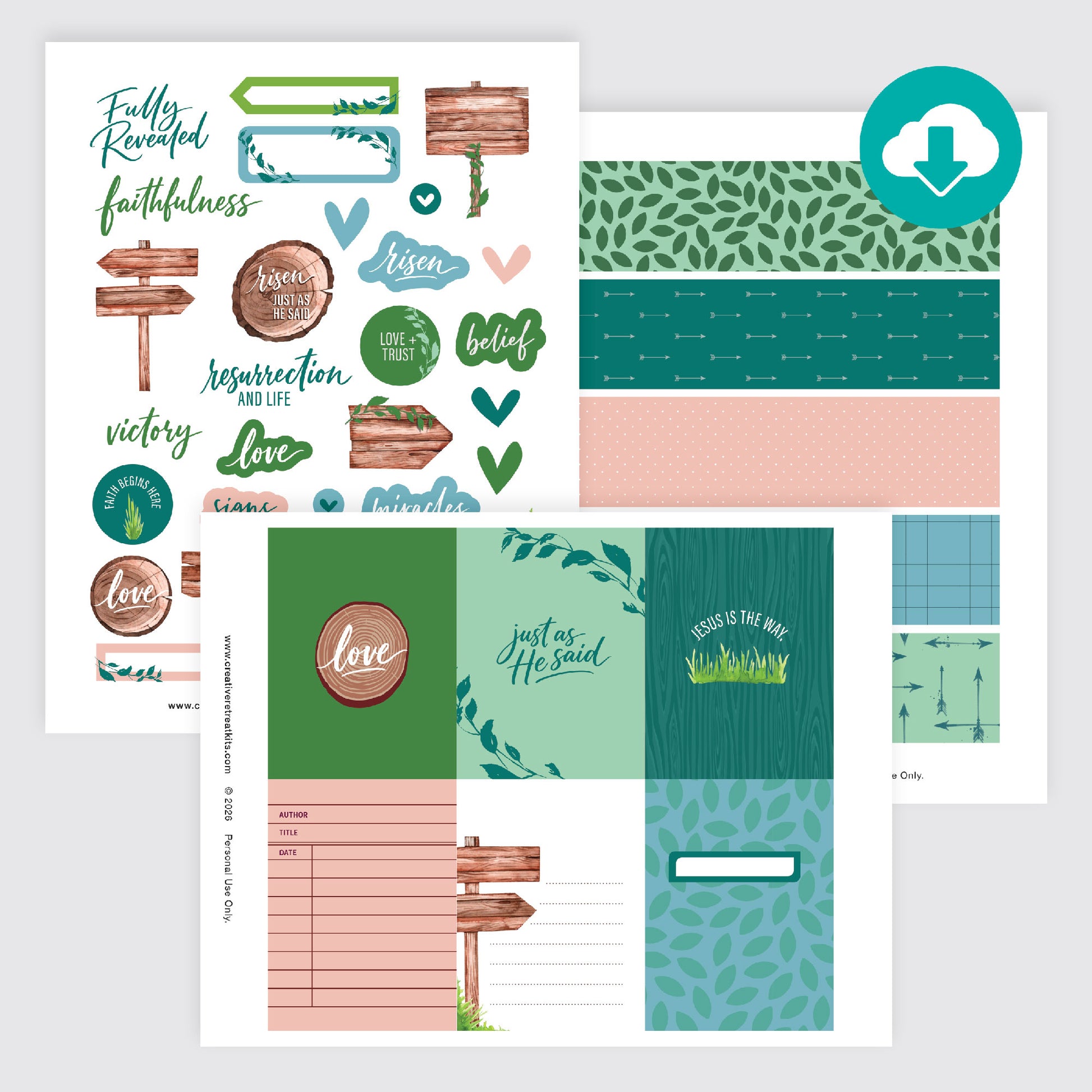 Printable Christian journaling craft kit inspired by Easter and Spring featuring soft green, blush, and wood elements perfect for Bible journaling and devotional art.