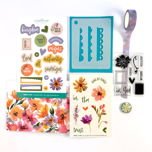 Collection of Bible journaling items including stickers, stencil, and stamp.