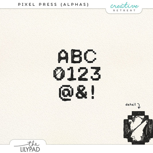 Retro pixel alphabet for digital scrapbooking inspired by video games, showing blocky letters, numbers, and symbols with stamped ink texture.