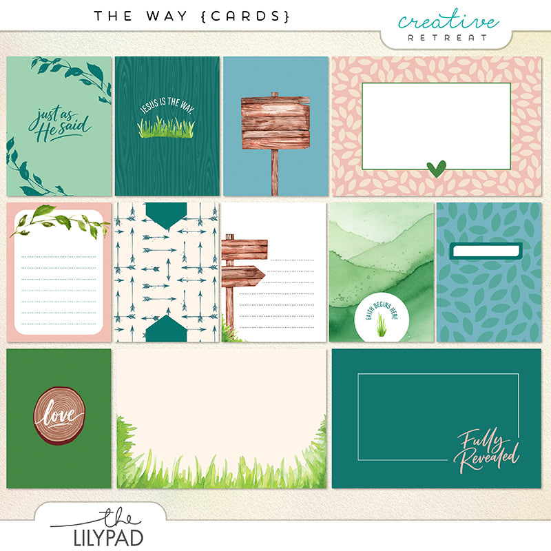 Christian faith-inspired digital scrapbooking printable journaling cards featuring soft green and teal tones, woodgrain signs, and meaningful phrases for spring and Easter. Perfect for pocket pages and memory keeping.