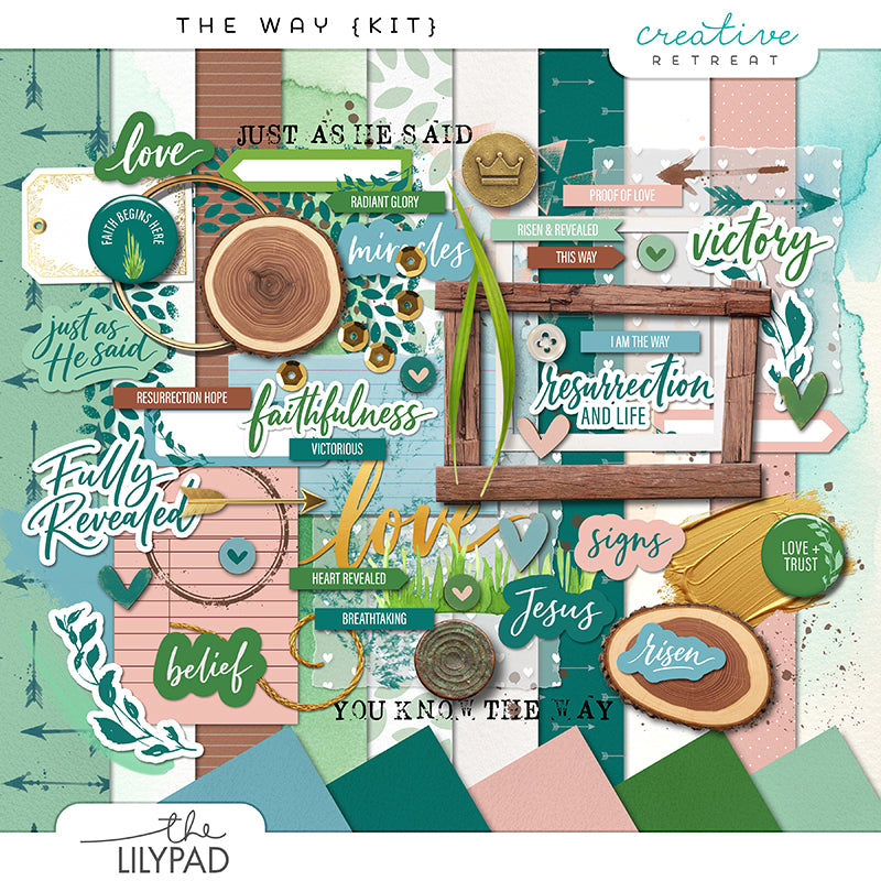 A Christian digital scrapbooking kit with soft watercolors, meaningful word art, and symbolic embellishments about Easter, resurrection, trust, and hope.