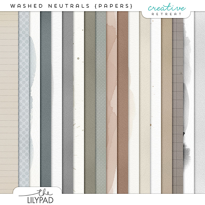 Preview image of Washed Neutrals digital scrapbooking papers featuring neutral-toned watercolor textures in cream, tan, gray, sage, and soft brown with subtle patterns and grids.