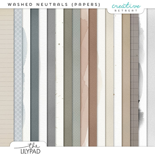 Preview image of Washed Neutrals digital scrapbooking papers featuring neutral-toned watercolor textures in cream, tan, gray, sage, and soft brown with subtle patterns and grids.