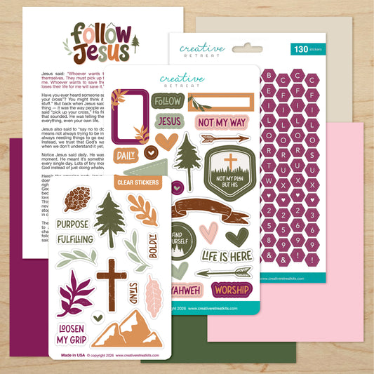 Three sticker sheets from Creative Expression's 'Follow Jesus' collection, displayed on a light wood background with a purple and pink paper backdrop. The sticker designs feature inspirational religious quotes, crosses, pine trees, hearts, and decorative labels.