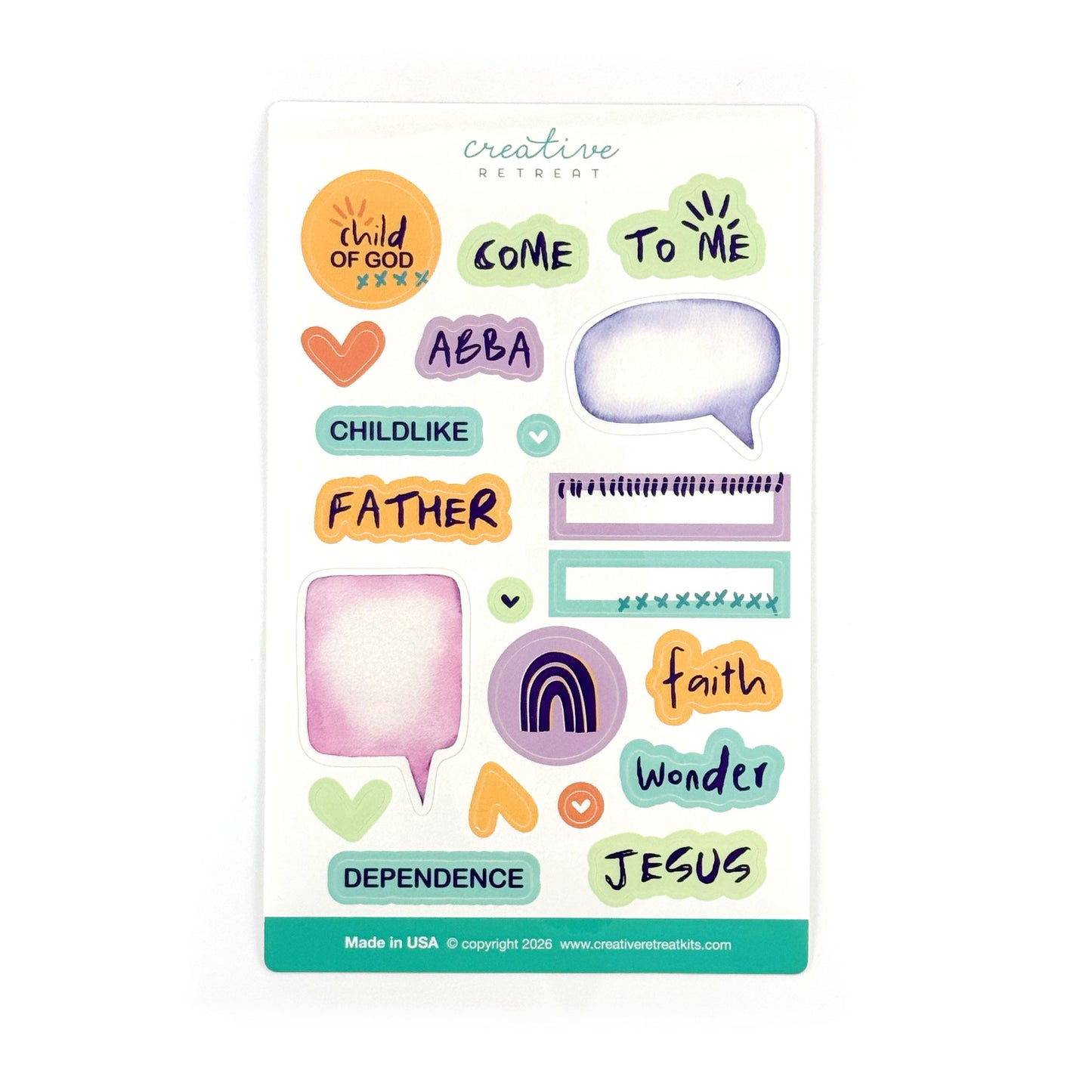Sheet of colorful stickers with religious text and graphics about childlike faith and trust for Bible journaling.