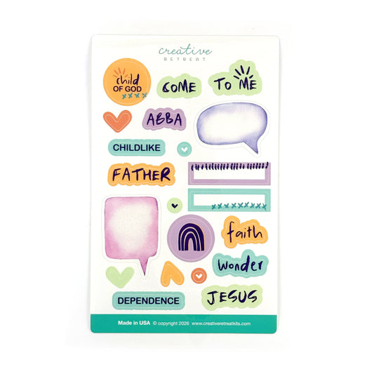 Sheet of colorful stickers with religious text and graphics about childlike faith and trust for Bible journaling.
